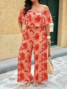 Breezaya Plus Size Women's Coral Floral Print Off-Shoulder Ruffle Sleeve Jumpsuit,Summer Boho Beach Holiday Vacation Outfits,Comfortable Boat Cruise Outfit - Red - View 6