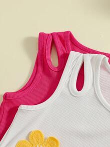 SHEIN Set de 2 tops cortos ajustados con bordado 3D de toalla elegante y vibrante para niñas, en blanco y burdeos - Multicolor - Ver 4