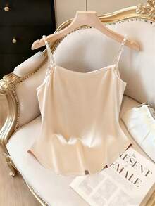 GlowEve Women's Satin Fabric Front Draped Collar Studded Pearl Strap Sleeveless Waist Cinched Elegant Luxurious Date Party Holiday Pale Peach Camisole Top, Spring/Summer - Apricot - View 2