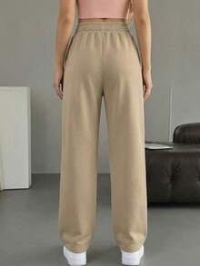 Pantalones baggy de chándal casuales de punto de corte holgado, para usar en casa y hacer deporte - Beis - Ver 2