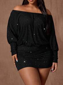 SHEIN CURVE+ 大码女式复古浪漫性感派对亮片露肩大袖连衣裙，返校季必备，斜领，不对称领口，长袖，两穿式，修身紧身鸡尾酒会礼服，情人节、舞会、度假派对礼服 - 黑色 - 查看 4