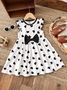 Sweet Bow Cartoon Print Long Sleeve Dress, Cute Polka Dot Heart Pattern, Suitable For Autumn/Winter - Multicolor - View 2