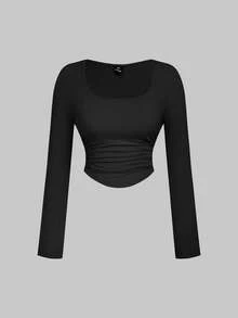SHEIN MOD Áo thun ôm sát cổ tròn cỡ lớn dành cho nữ, bộ 3 áo, áo dài tay nữ, áo bó sát, áo màu trung tính, áo croptop dài tay, áo dài tay nữ. - Màu Khaki - Xem 4