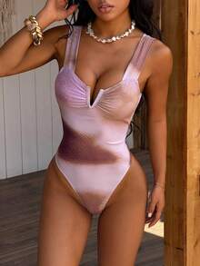 Swim Vcay Women's Ombre Earth Tone Print One-Piece Swimsuit,Soft Summer Colour Palette,Summer,Casual,Beach,Vacation,Holiday,Boho Mesh Metallic Bodysuit - Multicolor - View 3