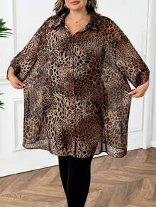 SHEIN CURVE+ 大码女式豹纹雪纺长袖衬衫，优雅休闲豹纹长袖露肩半裙，透明衬衫，适合办公室通勤教师、女性办公室、机场女教师、冬季女装、大码女式户外秋季服装长袖衬衫女式衬衫 - 彩色 - 查看 3
