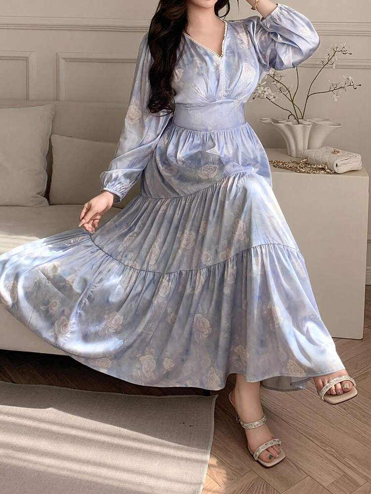 Dazy Plus Floral Print Waist Cinched Elegant Pearl Collar Decor Party Maxi Dress, Vacation Style, Long Sleeve, Plus Size, Spring/Summer Sundress