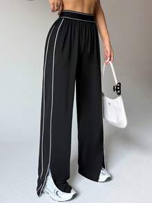 Dewbera Women's Loose Fit Straight Leg Sweatpants With Pockets, Waistband Contrast Stripe, High Stretch Elastic Waist, Suitable For Daily Casual Wear, Running, Yoga, Gym, Tennis, Golf, Autumn/Winter Athleisure Wide Leg Pants Palazzo Pants Women Loose Pants - Black - View 1