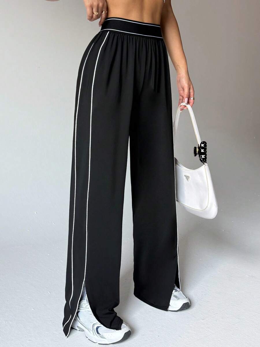Dewbera Women's Loose Fit Straight Leg Sweatpants With Pockets, Waistband Contrast Stripe, High Stretch Elastic Waist, Suitable For Daily Casual Wear, Running, Yoga, Gym, Tennis, Golf, Autumn/Winter Athleisure Wide Leg Pants Palazzo Pants Women Loose Pants - Black - View 1