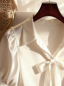 Franclia Women's Elegant Bow Tie Puff Sleeve Blouse Satin Blouses For Women Cream Blouse Bow Shirt Elegant Blouses Silk Blouse - Apricot - View 4