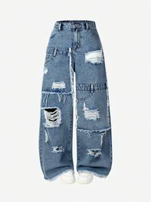 2026 New Fashionable Distressed Washed Denim Jeans, Versatile Design For Teen GirlWomen, Casual All-Season Item - Light Wash - View 1