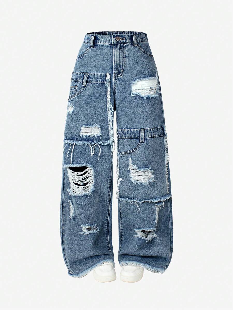 2026 New Fashionable Distressed Washed Denim Jeans, Versatile Design For Teen GirlWomen, Casual All-Season Item - Light Wash - View 1