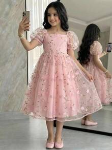 SHEIN Tween Girl Elegant Floral Embroidered Mesh Puff Sleeve Round Neck Dress - Pink - View 3