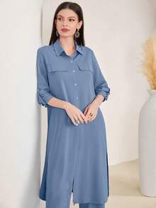 Mulvari Flap Detail Split Hem Shirt & Wide Leg Pants - Dusty Blue - View 8