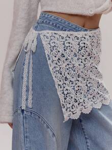 MUSERA Lace Tie Overlay Barell Leg Seam Detail Jeans Cute Girly Sexy Spring Winter Going Out Daily Easter Sugar Swizzle - Blue - View 5