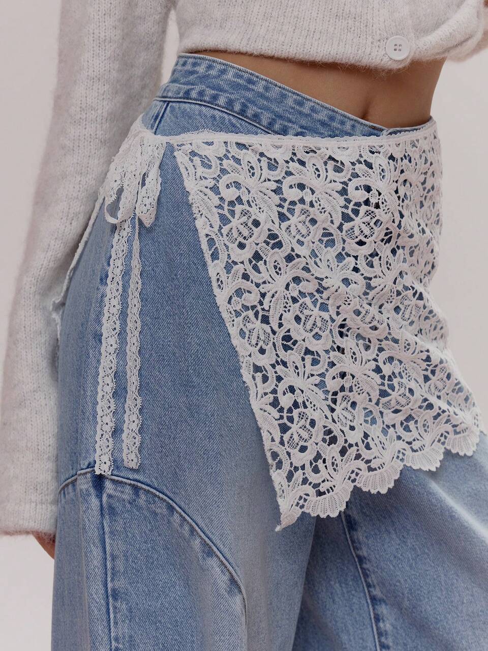 Lace Tie Overlay Barell Leg Seam Detail Jeans Cute Girly Sexy Spring Winter Going Out Daily Sugar Swizzle