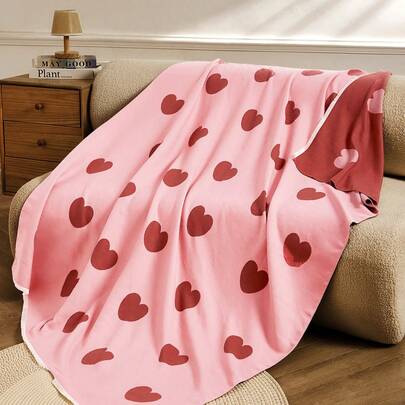 1件仿羊绒莫兰迪粉色简约爱心沙发提花床毯，户外外出保暖，可作披肩、户外野餐毯、宠物毯、办公室露营披肩、空调被，简约礼物户外地毯，适合日常使用