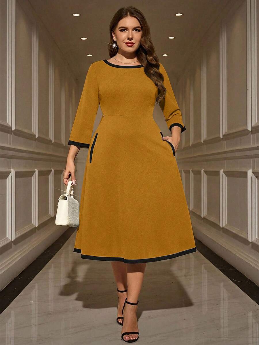 EMERY ROSE 大码女士优雅黑色连衣裙,秋冬款 - 黃色 - 查看 1