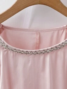 大码女式圆领泡泡袖珍珠装饰撞色荷叶边纯色优雅休闲衬衫，适合通勤、度假、音乐节、母亲节、独立日、返校季、春夏秋冬四季穿着。 - 粉色 - 查看 5