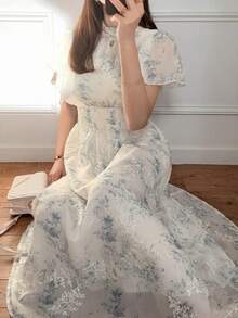 FRIFUL 女士全印花蓝色雪纺连衣裙，收腰设计，显瘦百搭 - 藍色 - 查看 6