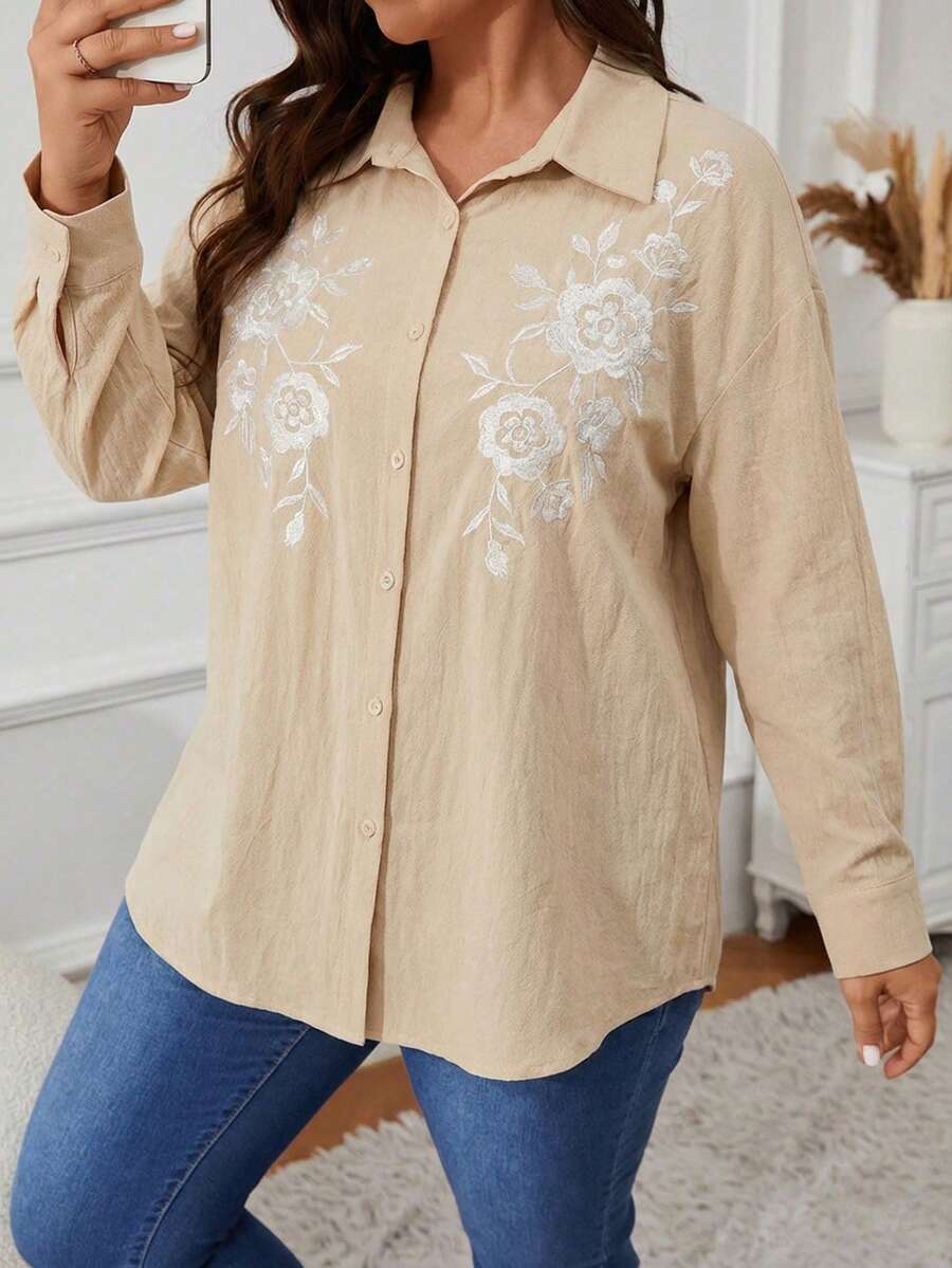SHEIN VCAY Camisa vintage plus size com ombros caídos em cores contrastantes, manga longa e botões frontais. - Damasco - Ver 1