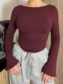 Bethéva Boat Neck Bell Sleeve Side Ruched Fashion T-Shirt - Burgundy - View 3