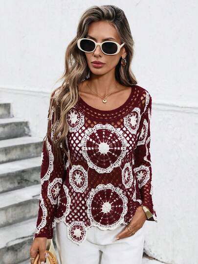 Swim Lushoire Dam Elegant Enfärgad Ny Ihålig Normal Kortärmad Virkad Strandmaska, Sommar