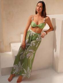 Swim Oasis 3pcs Women's Swimwear Bikinis Swim Pants Coverups Summer Palm Tropical Prints All-Season Chic Outfit Essential For Parties, Dates Perfect For Music Festivals & Streetwear, Festival Fashion | Pool And Vacation | Lace Top, Women's Top, Women's Swimwear - Green - View 3