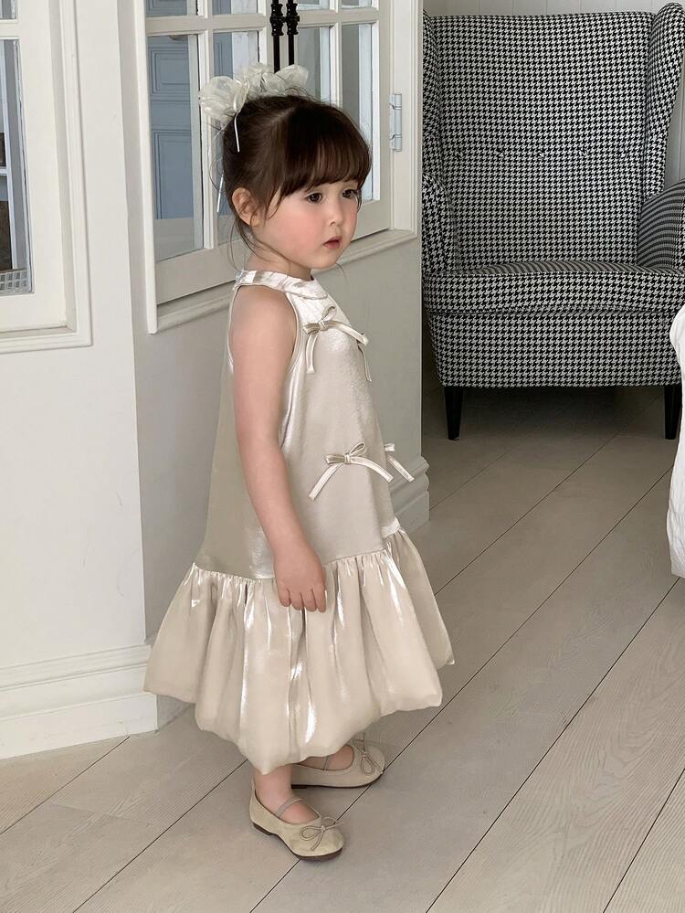 Baby Girls' Round Neck Satin Bow Tie Puff Sleeve Ruffle Trim Korean Style Birthday Party Dress Toddler Girls Clothes