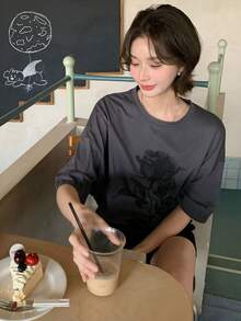 DAZY 女士印花宽松圆领落肩T恤 - 灰色 - 查看 1