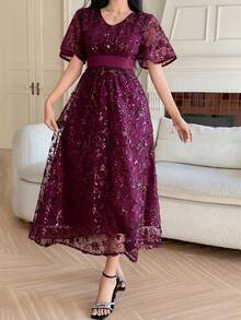 DAZY Elegantes Damen Kleid mit V-Ausschnitt und Pailletten in Knielänge, Sommerkleid für Hochzeitsgäste - Heißes Pink - Übersicht 6