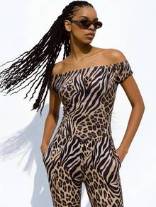 Slouenne Slouenne HOT GrilsZebra & Leopard Print Two Piece Outfit Off Shoulder Crop Top & Flare Pants Streetwear Matching Set For Women 2026 Spring Summer Going Out Clubwear Party Vacation - Brown - View 6