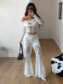 Coolane Women's Spring/Summer Concert Rave Festival Going Out Rave Fair Y2K Luxury Contrast Lace White Petite Bell Bottoms - White - View 1