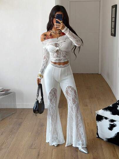 Coolane Women's Spring/Summer Concert Rave Festival Going Out Rave Fair Y2K Luxury Contrast Lace White Petite Bell Bottoms