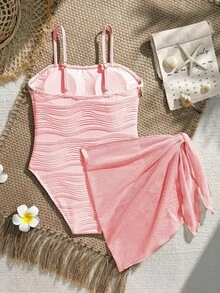 SHEIN Tween Girls One-Piece Swimsuit With Textured Fabric And Mesh Skirt, Suitable For Beach, Pool, Leisure And Holiday, Spring/Summer - Pink - View 2