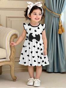 Sweet Bow Cartoon Print Long Sleeve Dress, Cute Polka Dot Heart Pattern, Suitable For Autumn/Winter - Multicolor - View 1