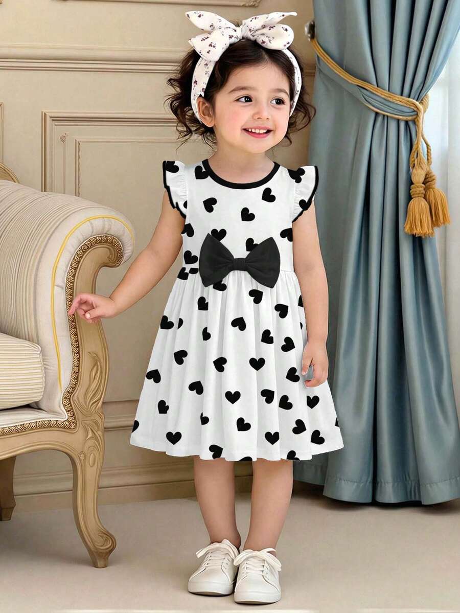 Sweet Bow Cartoon Print Long Sleeve Dress, Cute Polka Dot Heart Pattern, Suitable For Autumn/Winter - Multicolor - View 1