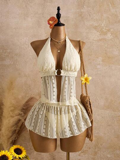 Bellisia 2026SS New Women's Swimwear Arrival For Holiday, Date, Western, Cruise, Beach, Island, Road Trip, All Seasons, Music Festival, Boho Vacation, Bohemian Vacation, Chill Autumn Boho Y2K 3pcs Textured Fabric Cute, Sweet, Elegant Retro Swimwear Set, Casual Resort Beach Wear Women Vest, Camisole, Bikini Tankini Crochet Swimsuit Women Lace Swimsuit Vintage Swimsuit Bathing Suits For Women Boho Babydoll Top Women Cream Two Piece Set Crochet Two Piece Set Lace Two Piece Set Boho Two Piece Set Beach Two Piece Set Crochet Beach Set Crochet Skirt Set Vintage Swimsuit Women Babydoll Tops Woman Corsets Women Tops Halter Swimsuit