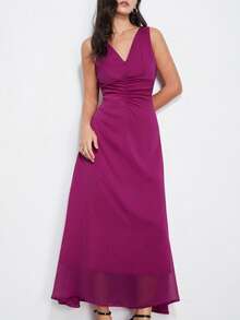 Revavyn 优雅雪纺V领无袖褶皱腰身修身长裙，简约奢华设计，适合通勤穿着。 - 中紫紅色 - 查看 1