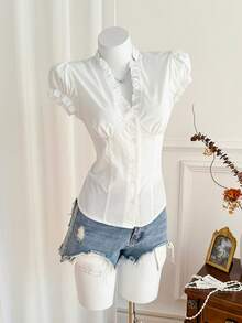 Elamini 极简美式风格白色荷叶边V领短袖棉质衬衫，褶皱收腰女式衬衫 - 白色 - 查看 4