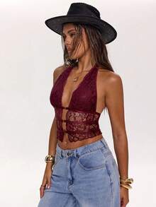 SHEIN BAE Áo hai dây croptop cổ yếm màu đen trơn phối ren tương phản gợi cảm dành cho nữ, thích hợp cho kỳ nghỉ xuân/hè, hẹn hò, lễ hội âm nhạc, buổi hòa nhạc. - Màu Tím - Xem 3