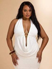 SHEIN BAE Plus Size Women Draped Neck Halter Ruched Metal Decor Sexy Elegant Tank Top, Summer Tops - White - View 6