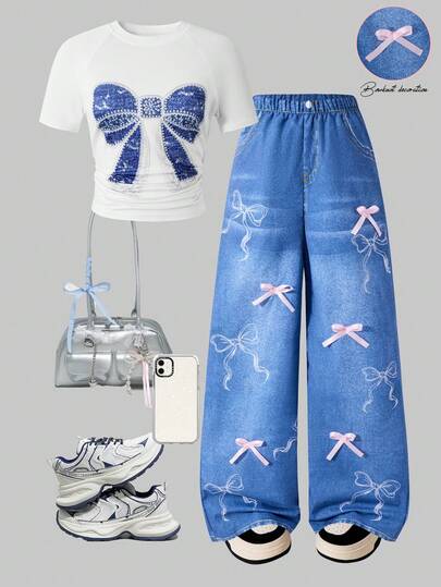 SHEIN 2pcs/Set Casual Versatile Butterfly Print T-Shirt And Pants Set For Teen GirlSuitable For Walking, Shopping, And School Wear