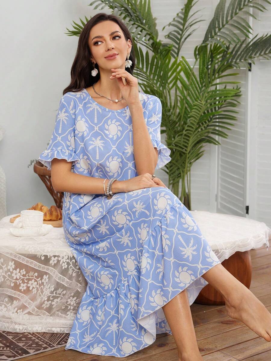 SHEIN 蓝白棕榈树太阳印花雪纺长款睡裙夏季家居服，女士休闲连衣裙 - 藍色 - 查看 1
