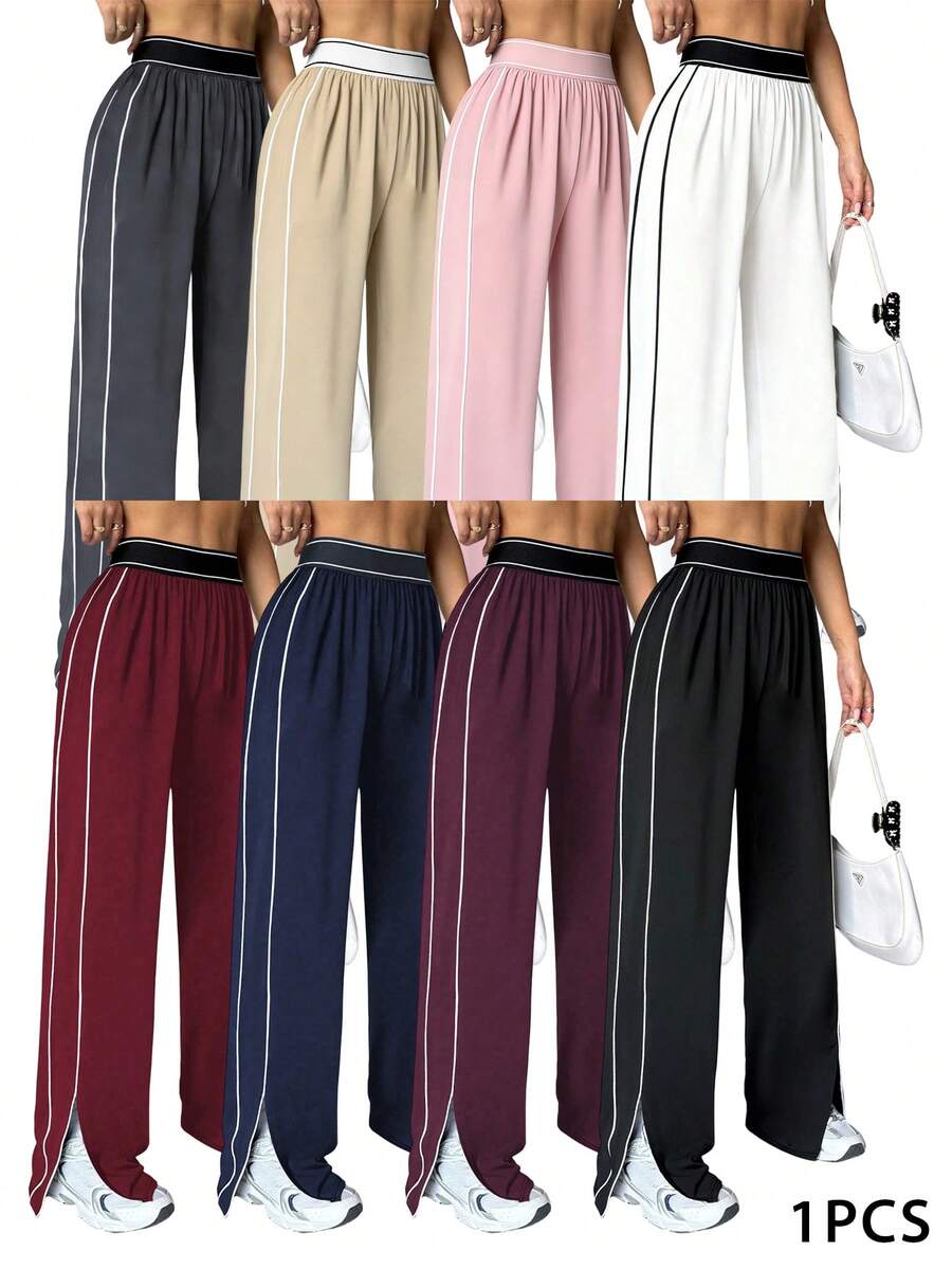 Dewbera Women's Loose Fit Straight Leg Sweatpants With Pockets, Waistband Contrast Stripe, High Stretch Elastic Waist, Suitable For Daily Casual Wear, Running, Yoga, Gym, Tennis, Golf, Autumn/Winter Athleisure Wide Leg Pants Palazzo Pants Women Loose Pants - Black - View 1