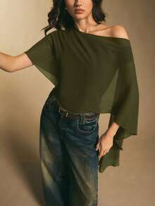 Poéselle 女士优雅纯色斗篷二合一连体衣 - 軍綠色 - 查看 5