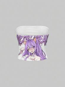 ROMWE Anime 女士性感修身动漫人物图案抹胸上衣，夏季 - 紫色 - 查看 2