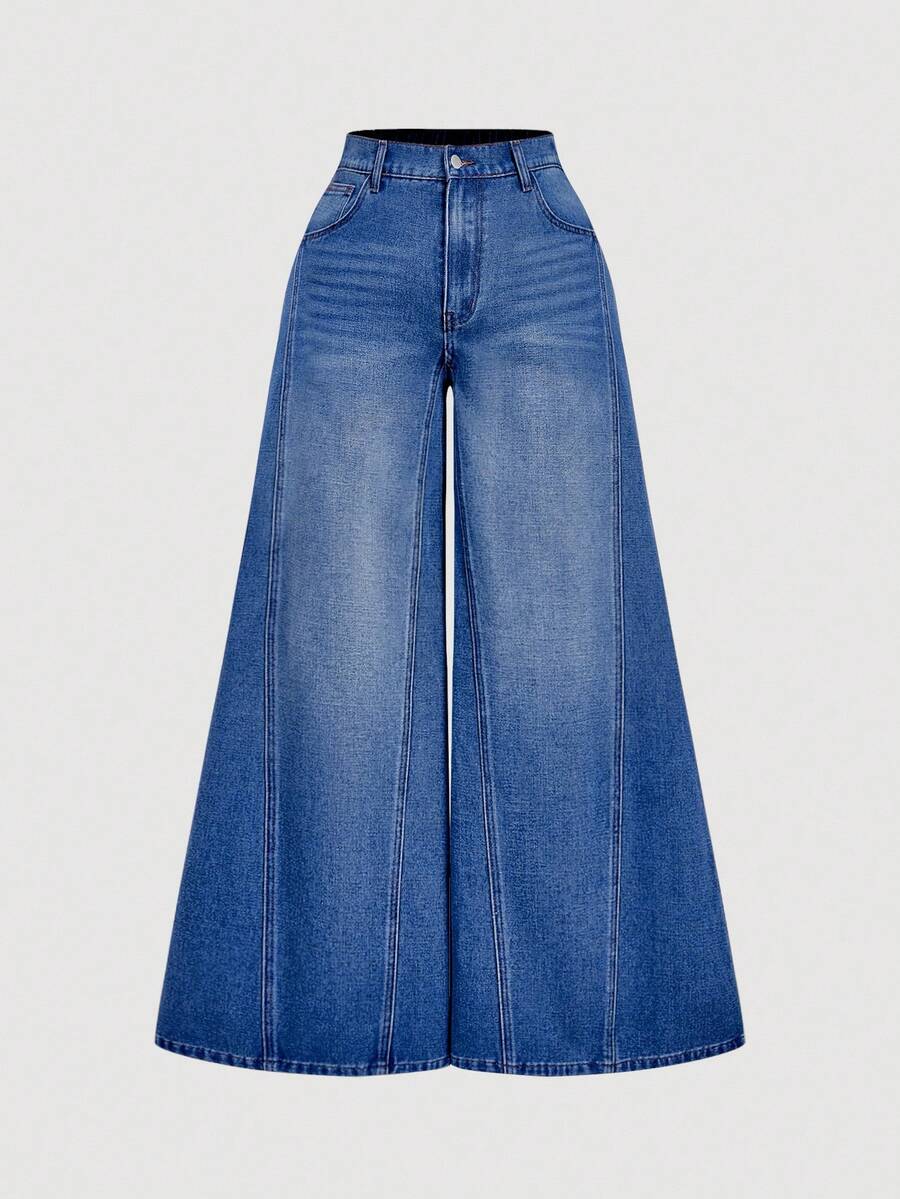 SHEIN MOD 大码女式休闲宽松阔腿牛仔裤，适合日常通勤和街头时尚 - 藍色 - 查看 1