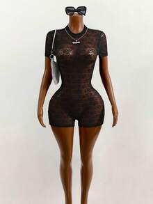 Mistrie Club Wear Sexy Sheer Black Lace Turtleneck Cutout Bodycon Romper - Black - View 1