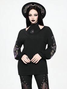 ROMWE Spring/Summerblack2pcs Gothic Snake Skin Floral Embroidery Design Women Set, Camisole + Outerwear Top - Black - View 7