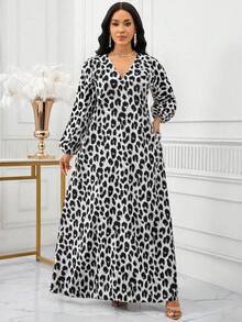 SHEIN Lady 女士欧美豹纹V领斜插口袋长袖连衣裙 - 灰色 - 查看 4